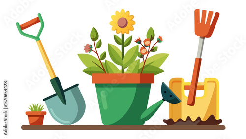 Vector illustration of gardening tools and potted plants isolated on white background