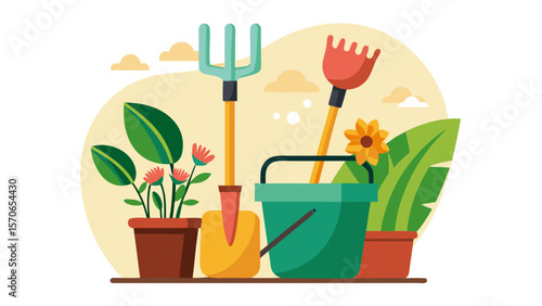 Vector illustration of gardening tools and plants in pots isolated on white background