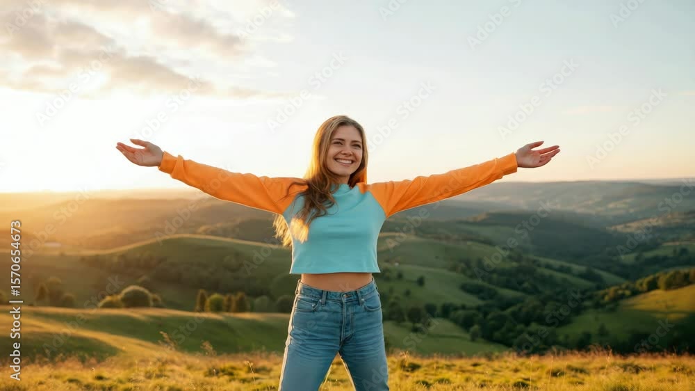 Happy woman enjoying nature, arms outstretched, in field at sunset Happy woman enjoying nature, arms outstretched, in field at sunset