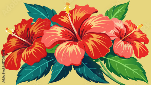 Vector illustration of beautiful hibiscus flowers with green leaves are in full bloom