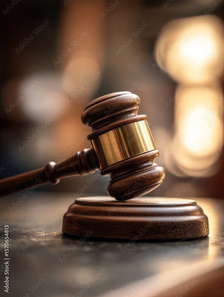 A dark wood gavel rests on its block, a brass band encircling its head; blurred lights form a bokeh background A dark wood gavel rests on its block, a brass band encircling its head; blurred lights form a bokeh background