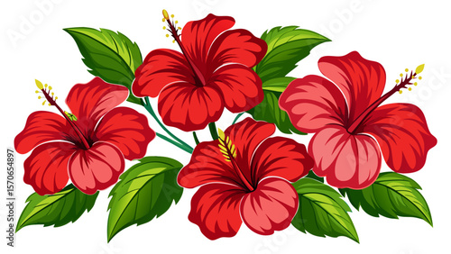 Vector illustration of red hibiscus flowers and green leaves isolated on white background