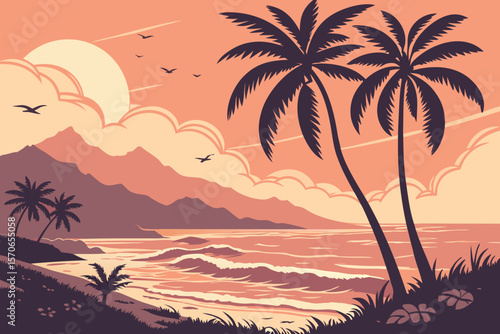  tropical sunset, palm trees silhouette, ocean waves, sun reflection, orange and pink sky, distant mountains, vibrant colors, scenic landscape, dreamy atmosphere, beautiful scenery