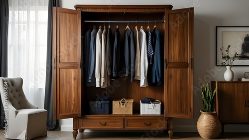 Classic wooden wardrobe with hanging clothes, no humans 