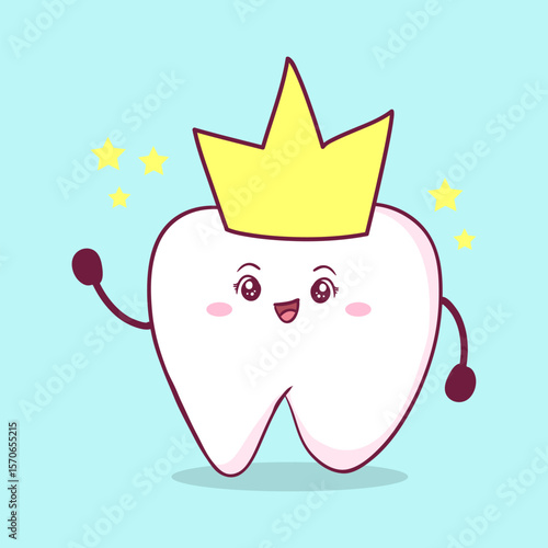 kawaii style cute happy tooth character with crown waving one hand illustration