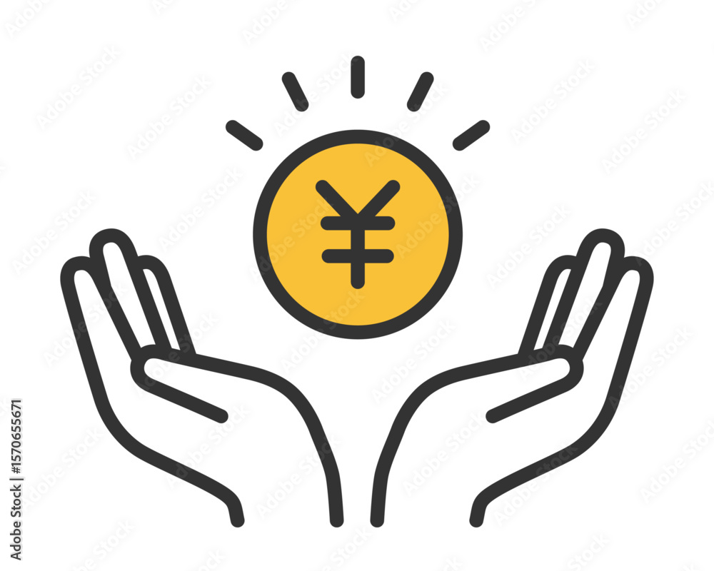 Obraz premium 円マークのコインと両手のイラスト｜お金を守る・節約・貯金のアイコン シンプル ベクター素材