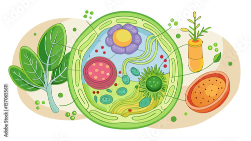Vector illustration of illustration of a plant cell structure with its different organelles isolated on white ba
