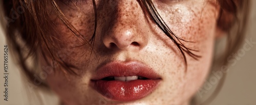 The captivating closeup of a freckled woman showcasing stunning beauty and elegance.