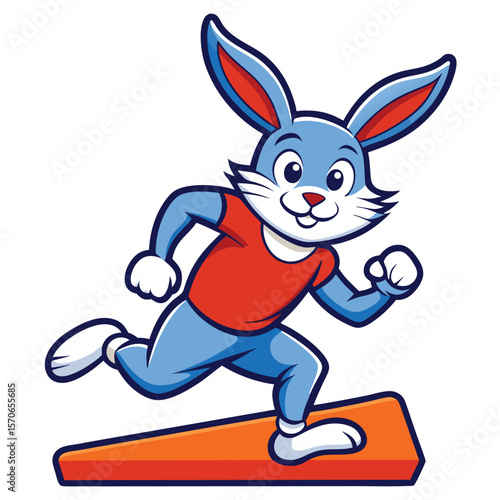 Energetic blue cartoon rabbit running on an orange platform