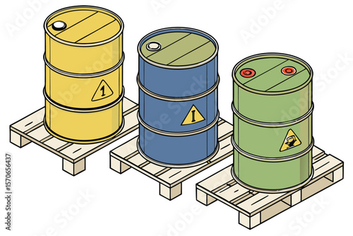  3d render, isometric view, six groups of chemical barrels, yellow, blue, green, colored hazardous waste drums on pallets, danger symbols, realistic, detailed, industrial, manufacturing, storage, lo