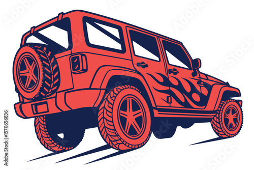  a fiery tribal auto tire vehicle vector graphic, bold red and navy blue colors, vibrant flames, detailed tire rims, stylized design, digital art