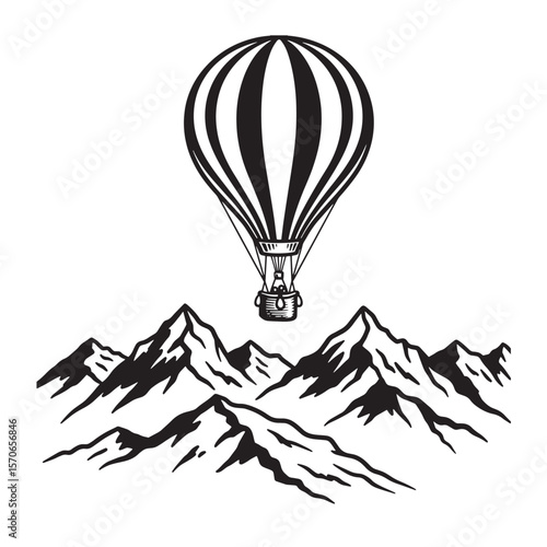 Black and white illustration of a hot air balloon flying over majestic mountain peaks