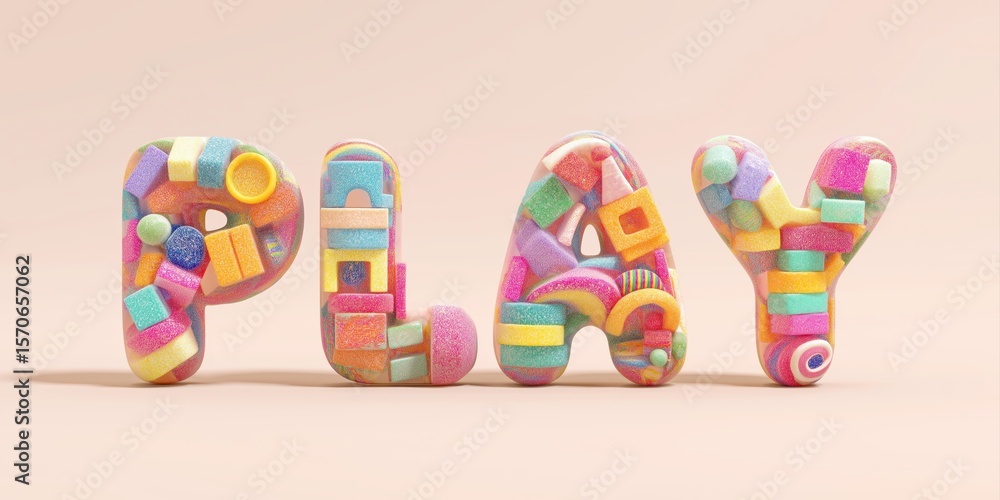 Fototapeta premium PLAY - 3D bubble letters filled with colorful toy blocks, rainbow shapes and kinetic sand highlighted on a light pastel background.