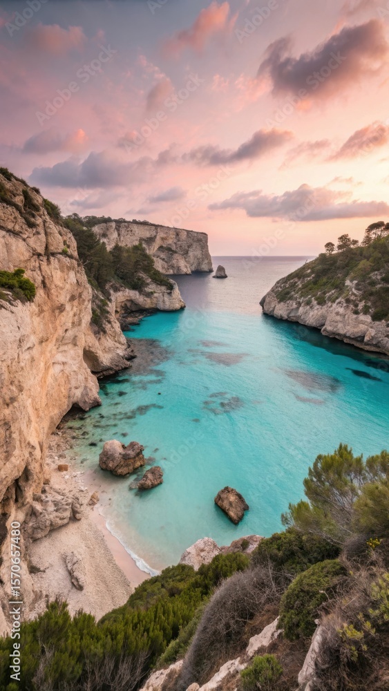 Fototapeta premium Serene coastal cove with turquoise waters and dramatic cliffs bathed in soft sunset light