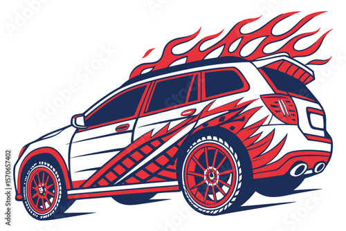  a fiery tribal auto tire vehicle vector graphic, bold red and navy blue colors, vibrant flames, detailed tire rims, stylized design, digital art