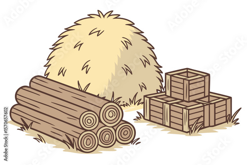  hay bale, wooden logs, hay stack, wooden blocks, hay pile