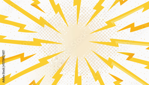 Lightning power cartoon vector background. Thunder bold abstract burst with halftone effect and speed lines. Comic book design template for poster. Explosion boom bright.action, blast, book, boom, 