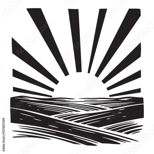 Black and white sunrise over a rural landscape illustration for graphic design projects