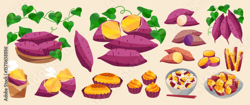 Illustration of a set of sweet potato dishes
