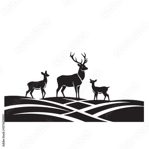Elegant black and white silhouette illustration of a deer family on a rolling landscape