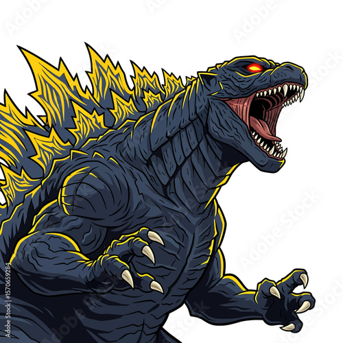 Monster Roars Fiercely, isolated on white, showcasing its sharp claws and spiky dorsal fins in a powerful and dynamic illustration.
