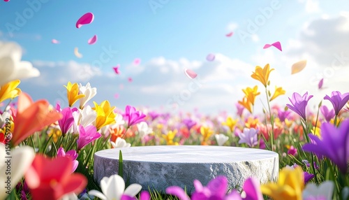 Floral podium blooms under sky