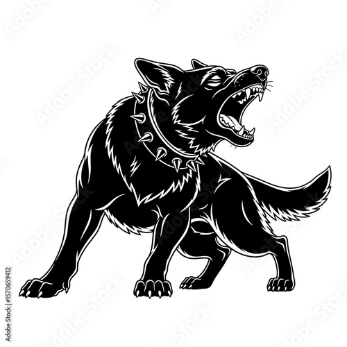 Guard Dog Barks Aggressively in Vector Illustration, emphasizing security, vigilance, and protection with a bold black and white design