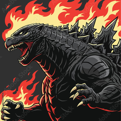Monster Roars amidst Flames, creating a dramatic scene with artistic style and bold illustration, ideal for powerful imagery.