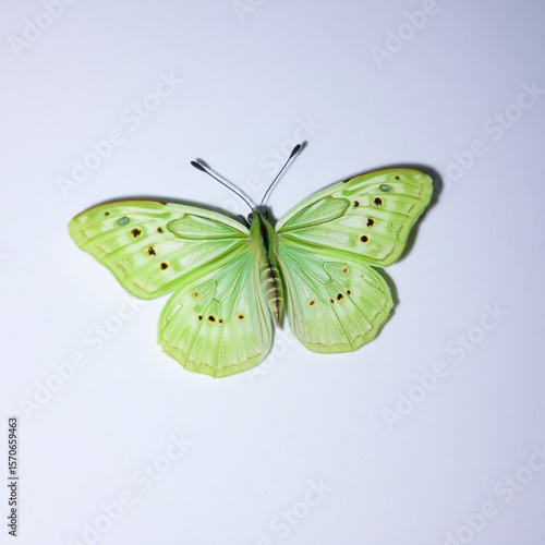 Close up of a pale green butterfly with black spots isolated on a white background in a studio shot created with generated ai