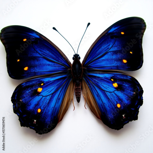 Close up of a vibrant blue and black butterfly with yellow spots on a white background showing details created with generated ai