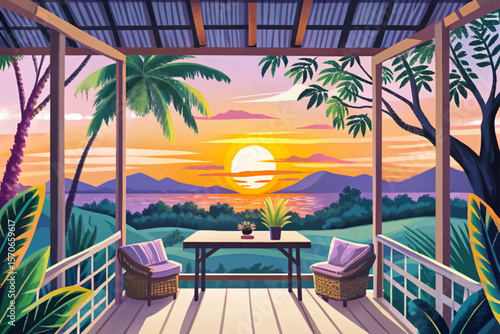 Sunset View from Inside a Treehouse in the Jungle framed by foliage and wooden beams. Perfect for eco tourism, adventure, and tropical escape visuals