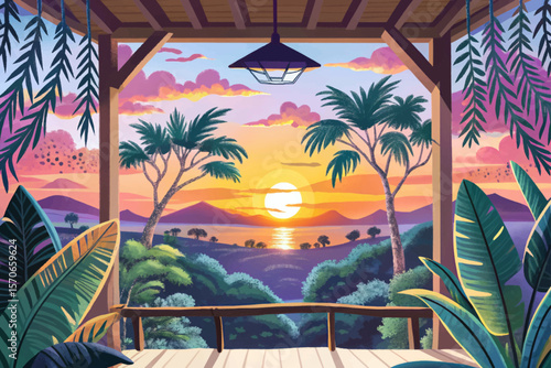 Sunset View from Inside a Treehouse in the Jungle framed by foliage and wooden beams. Perfect for eco tourism, adventure, and tropical escape visuals