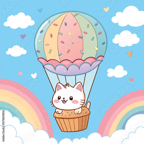 Smiling Kawaii Cat in Cupcake Hot Air Balloon Adorable Flat Style with Rainbow Sprinkles, Fluffy Clouds, and Pastel Sky Background.