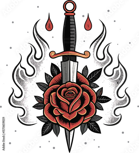 Traditional Dagger Piercing Rose Classic Tattoo Style with Bold Ink Lines, Symmetrical Flames, Smoke Swirls, and Droplets for Vintage Flash Design.