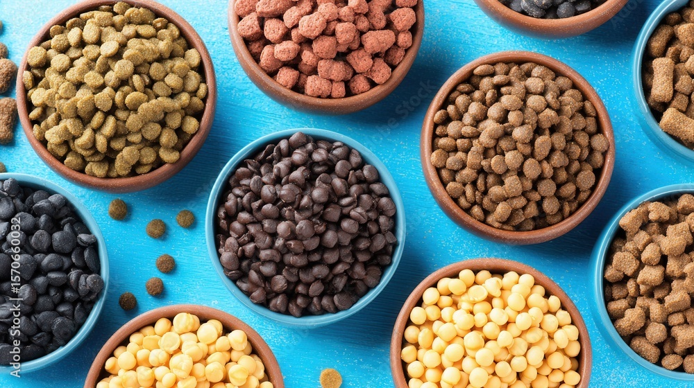 Dry dog food variety selection in bowls on blue background top view Dry dog food variety selection in bowls on blue background top view