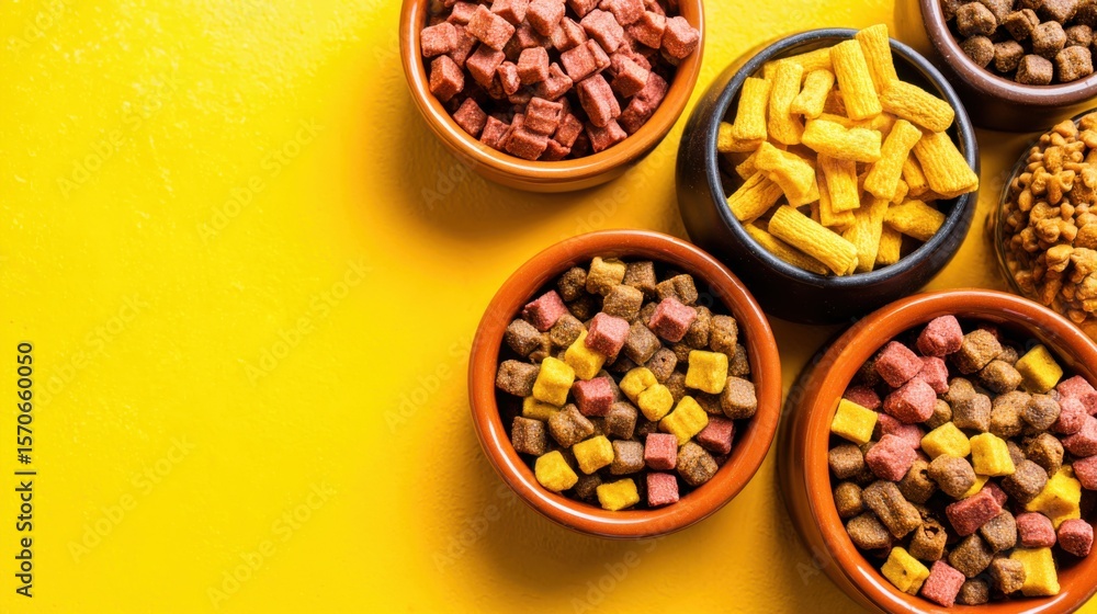 Variety of dry dog food in bowls on a yellow background pet supplies Variety of dry dog food in bowls on a yellow background pet supplies