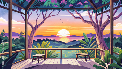 Sunset View from Inside a Treehouse in the Jungle framed by foliage and wooden beams. Perfect for eco tourism, adventure, and tropical escape visuals