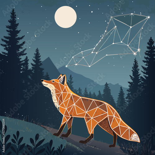 Geometric Fox Made of Glowing Lines and Polygons Standing in a Night Forest Minimal Starscape and Soft Moonlight in a Surreal Fantasy Illustration.