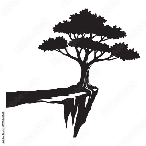 Silhouette depiction of a tree clinging to a cliff edge in a minimalist black and white design
