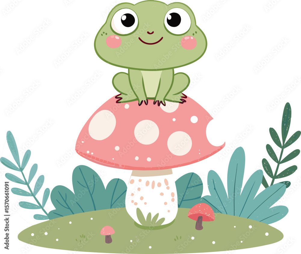 Fototapeta premium Cute Oversized Frog Sitting on a Mushroom in a Whimsical Garden Flat Kawaii Style Illustration with Playful and Adorable Vibes.