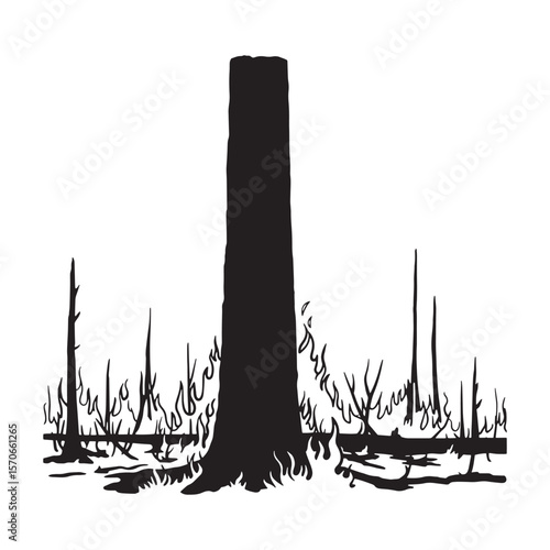Silhouette of a burnt tree stump and scorched forest depicting aftermath and devastation