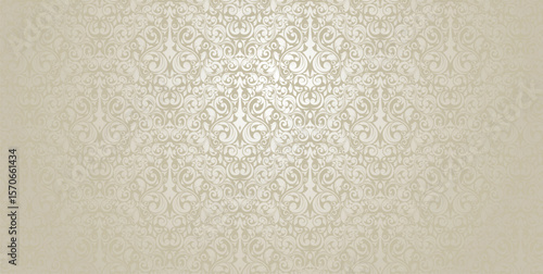 Baroque damask vector with ornamental swirls and vintage flourishes. Beige and silver tones. Includes a working seamless pattern in the swatches panel.