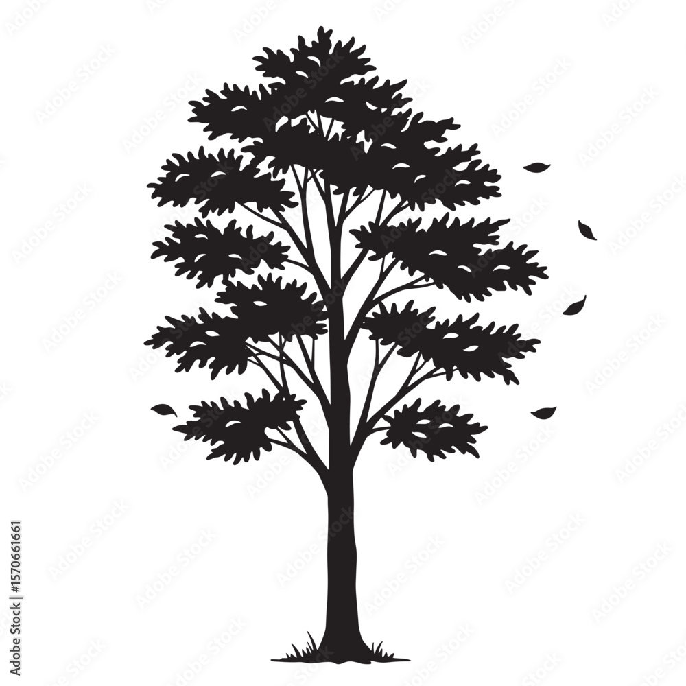 Obraz premium Silhouette of a tree with falling leaves black and white isolated on white background