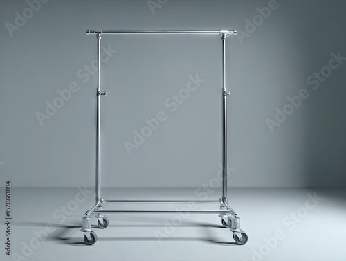 A freestanding, chrome-plated clothing rack on wheels, minimalist design, set against a neutral gray backdrop in a simple studio setting