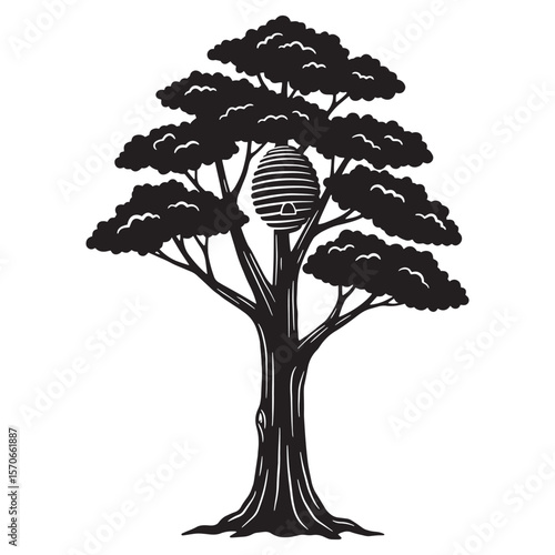 Silhouetted black and white tree with honeycomb structure depicting a beehive in nature