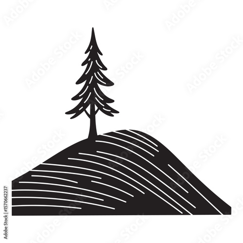 Simple black and white illustration of a pine tree on a hilltop landscape