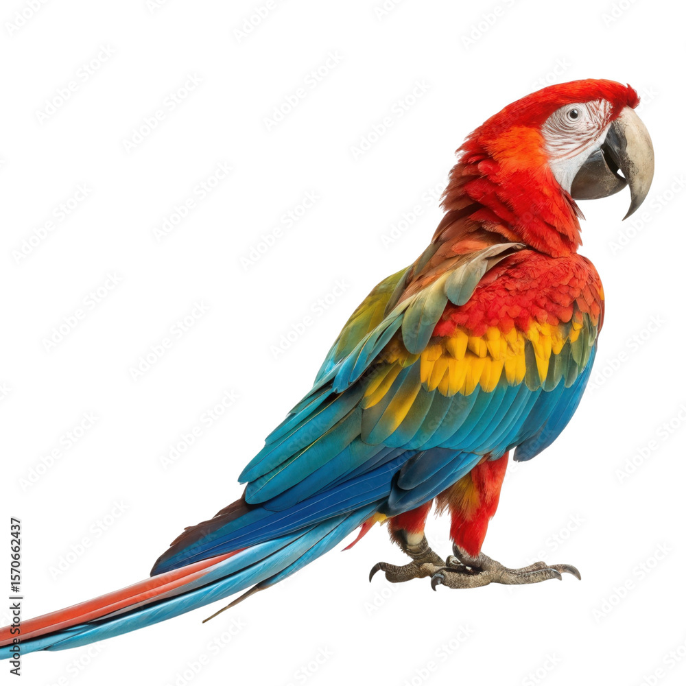 Colorful scarlet macaw perched elegantly against a pristine white background showcasing its vibrant feathers and unique characteristics Colorful scarlet macaw perched elegantly against a pristine white background showcasing its vibrant feathers and unique characteristics