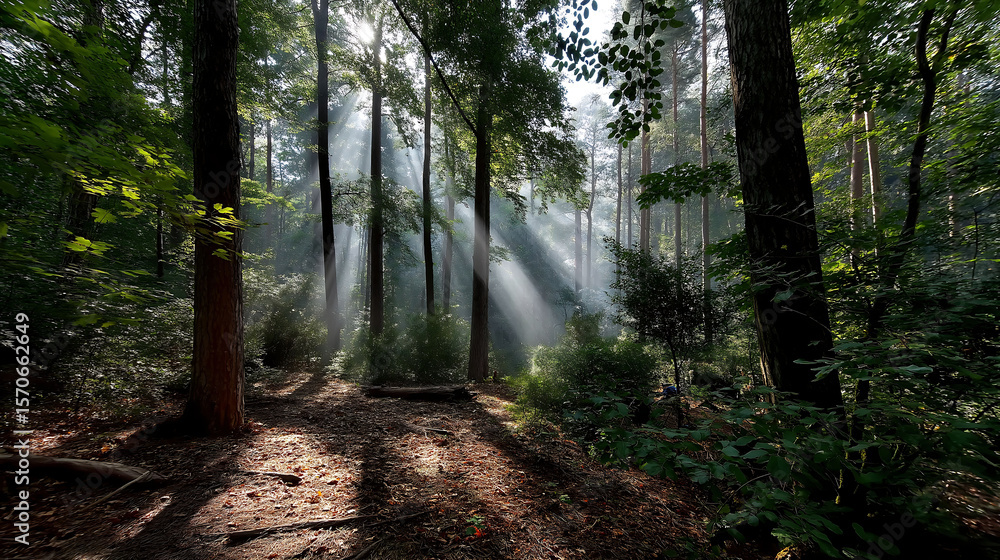 Naklejka premium Close-up of sunlight filtering through dense forest canopy, illuminating green leaves and tree branches. Tall tree trunks with textured bark and fallen leaves on the ground. Interplay of light and sha