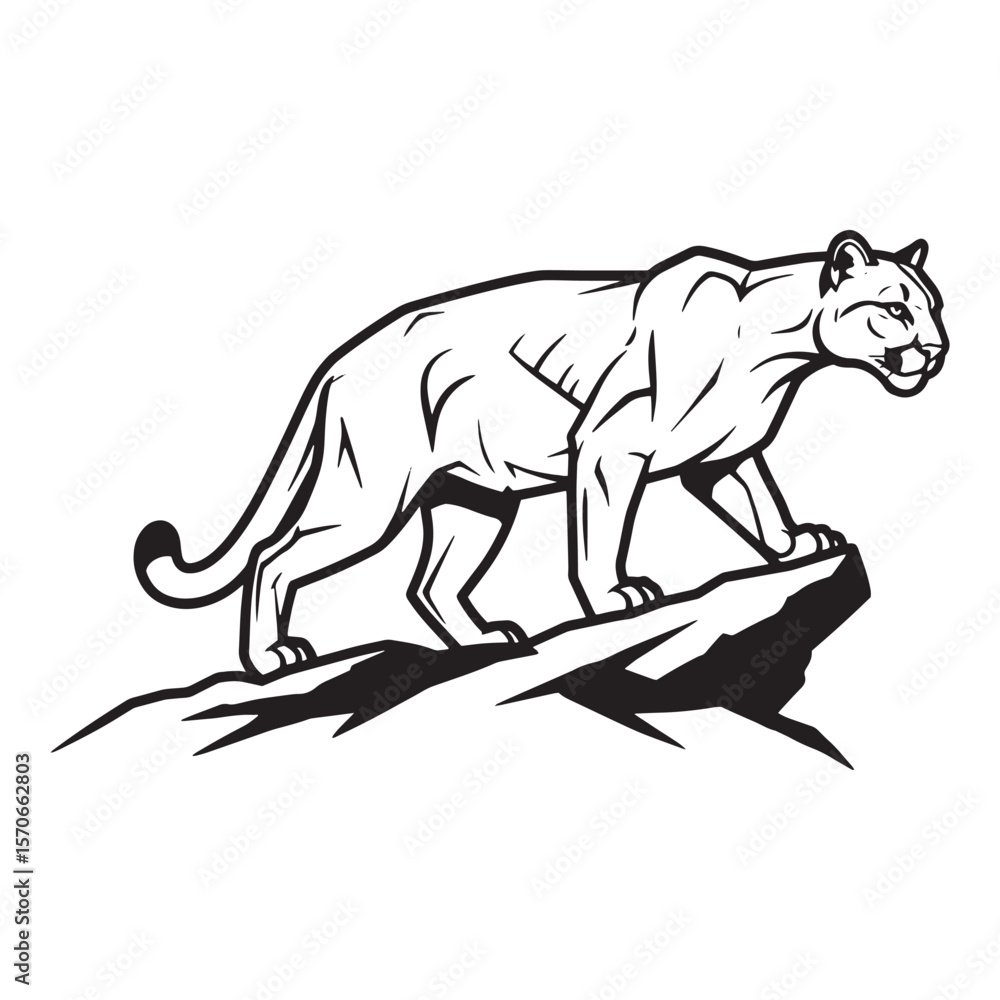 Fototapeta premium Vector illustration of a majestic mountain lion standing on a rocky ledge isolated on white