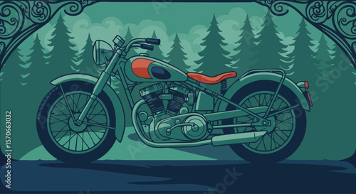 Vector color illustration with classic motorcycle standing on forest road. Classic bike in the forest. EPS 10 version.